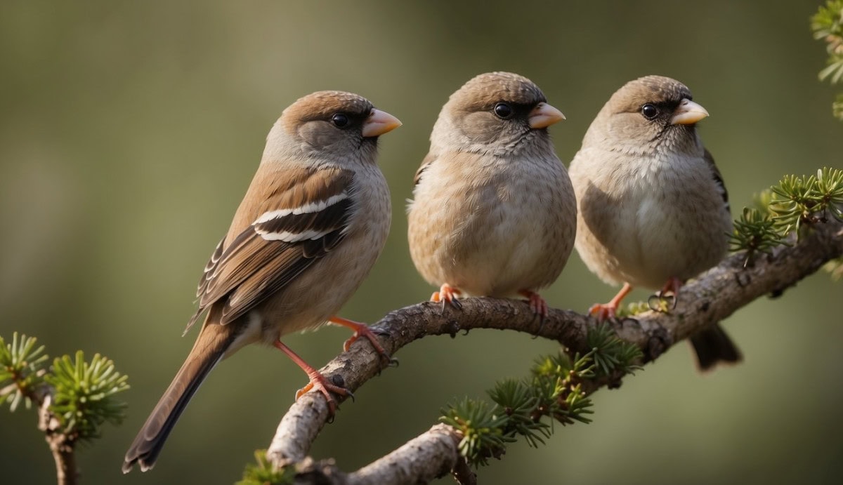 Fringillidae finches perched on branches, showing conservation status and threats