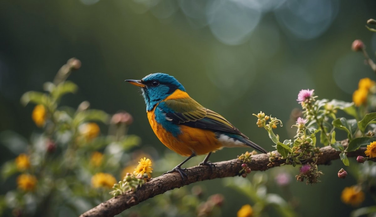 A colorful bird perched on a branch, surrounded by a variety of small insects and seeds. The bird's beak is open as if it is singing, and there are other birds in the background