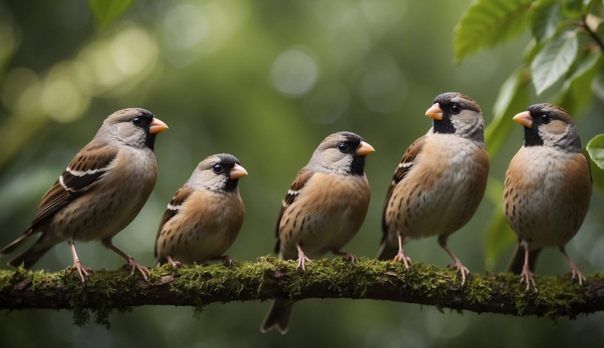 A group of finches perched on tree branches in a lush forest habitat