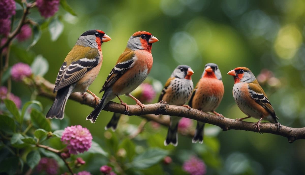 A flock of finches perched on a tree branch, surrounded by lush green foliage and colorful flowers