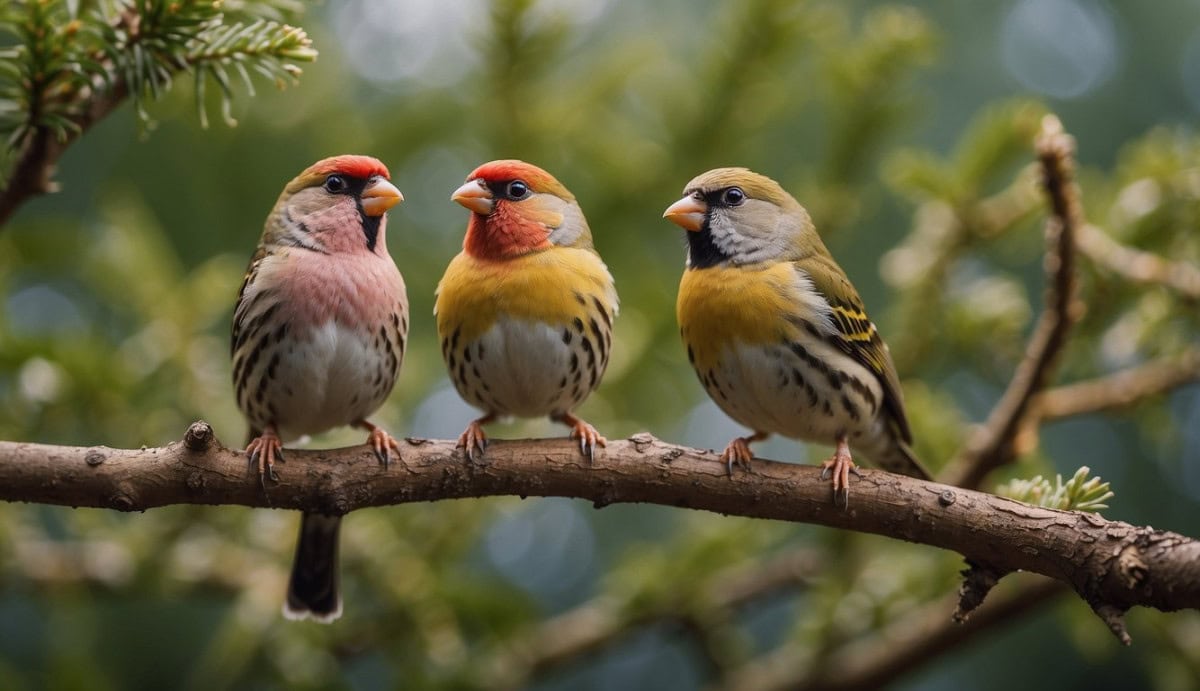 A group of colorful finches perched on tree branches, displaying their distinct physical attributes