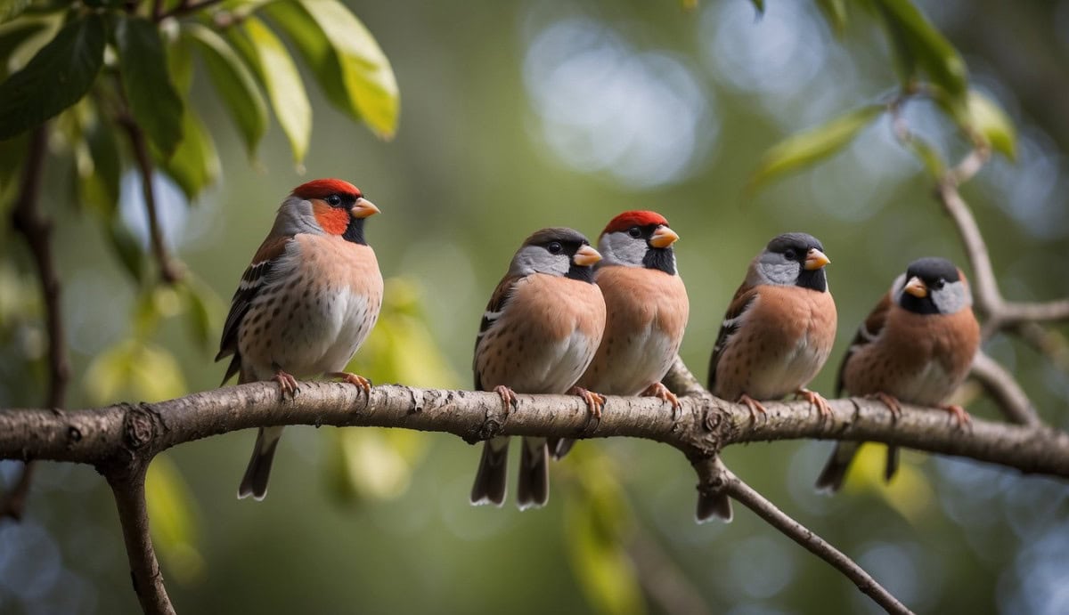 A group of finches perched on tree branches, displaying various colors and patterns on their feathers