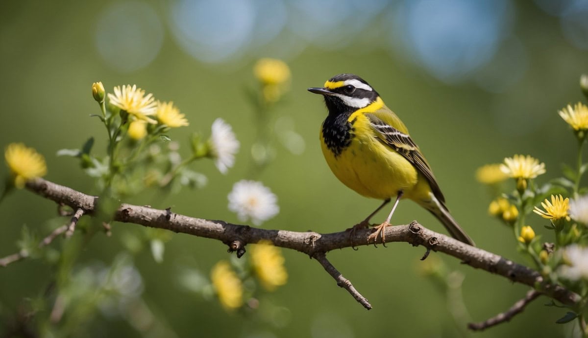 A yellow wagtail perches on a branch, while insects buzz around nearby flowers in a lush, green ecosystem