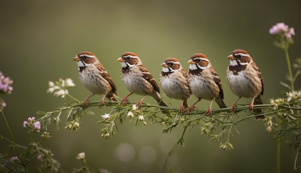 A group of field sparrows perched on a branch, surrounded by tall grass and wildflowers