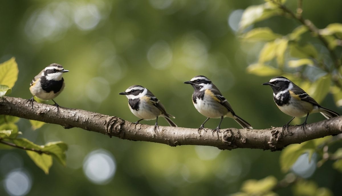 A group of wagtails (Motacillidae) perched on a tree branch, with one bird in mid-flight, against a background of green foliage