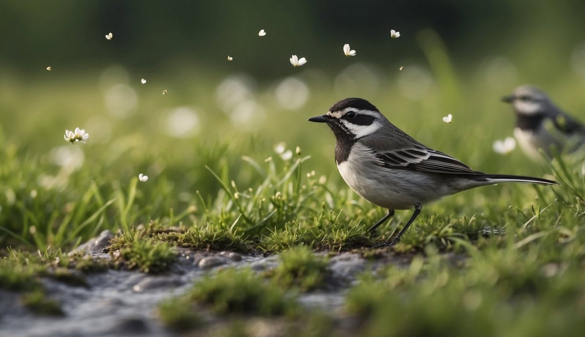 A flock of wagtails flitting among lush green meadows and babbling brooks