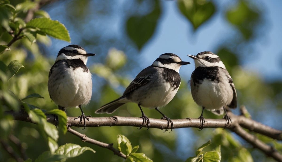 A flock of wagtails perched on a branch, surrounded by lush green foliage, with a clear blue sky in the background