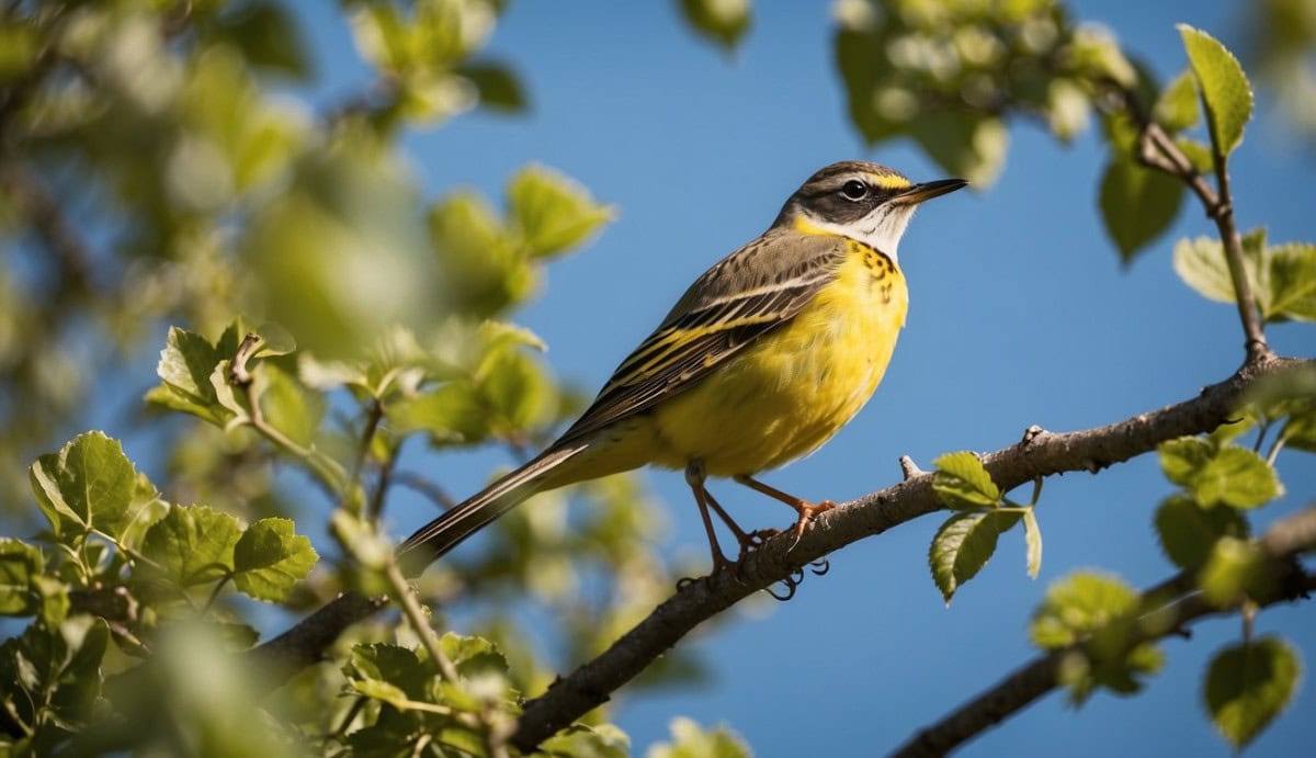 A yellow wagtail perched on a branch, its long tail bobbing as it scans the ground for insects. Green foliage and a clear blue sky in the background