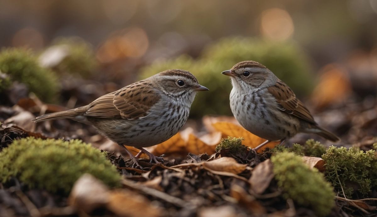 A group of Dunnocks (Prunellidae) foraging in a dense shrubbery, with scattered fallen leaves and small twigs on the ground