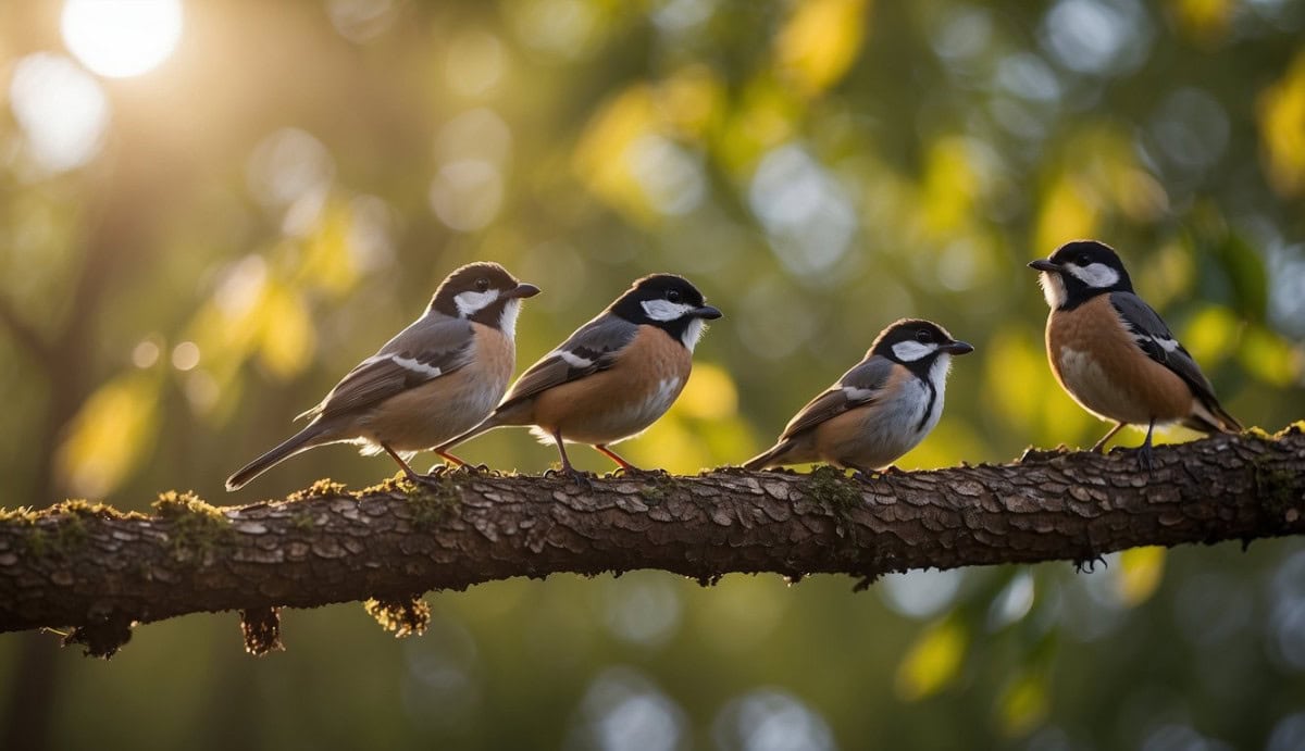 A group of Järnsparvar Prunellidae perched on a hot, dry branch, surrounded by vibrant foliage and basking in the sunlight
