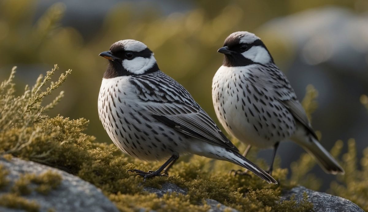 A flock of Järnsparvar Prunellidae perches on a rocky outcrop, surrounded by low-lying shrubs and grasses. The birds display their distinctive mottled plumage as they forage for insects and seeds