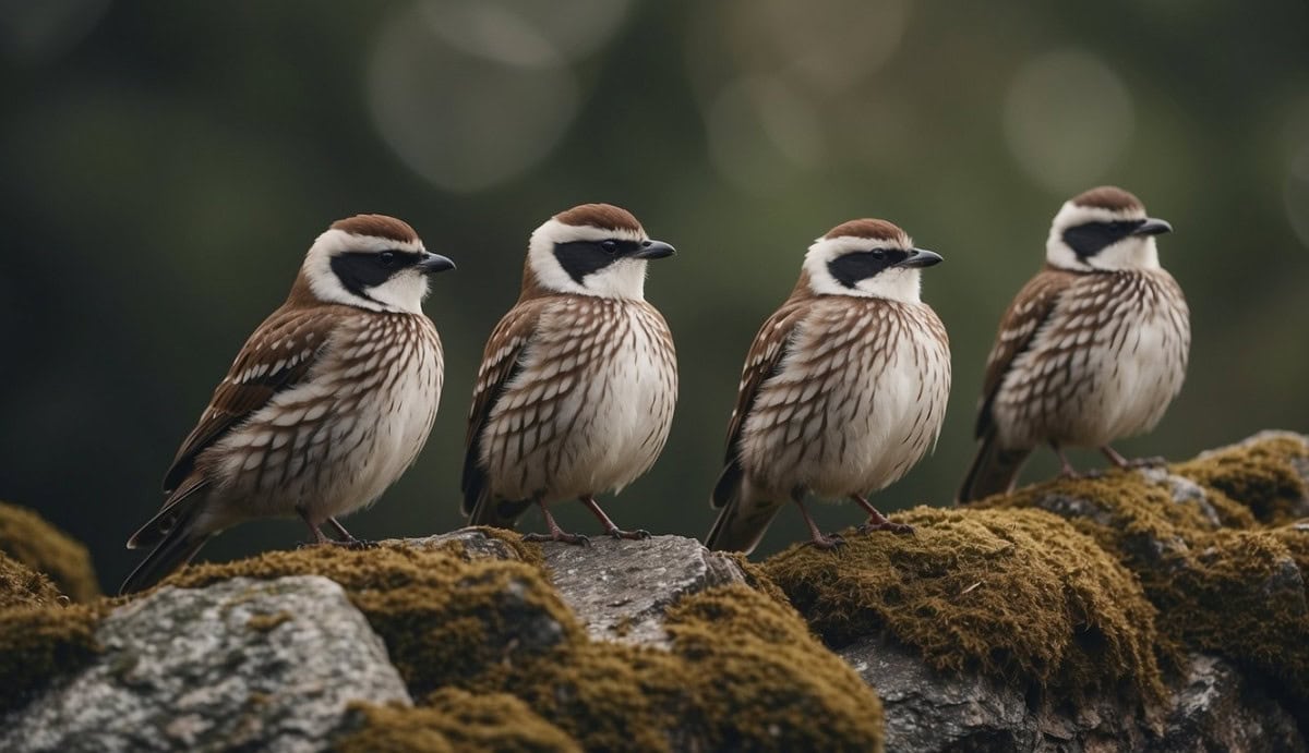A group of Järnsparvar Prunellidae perched on a rocky cliff, their feathers blending into the earthy tones of their surroundings
