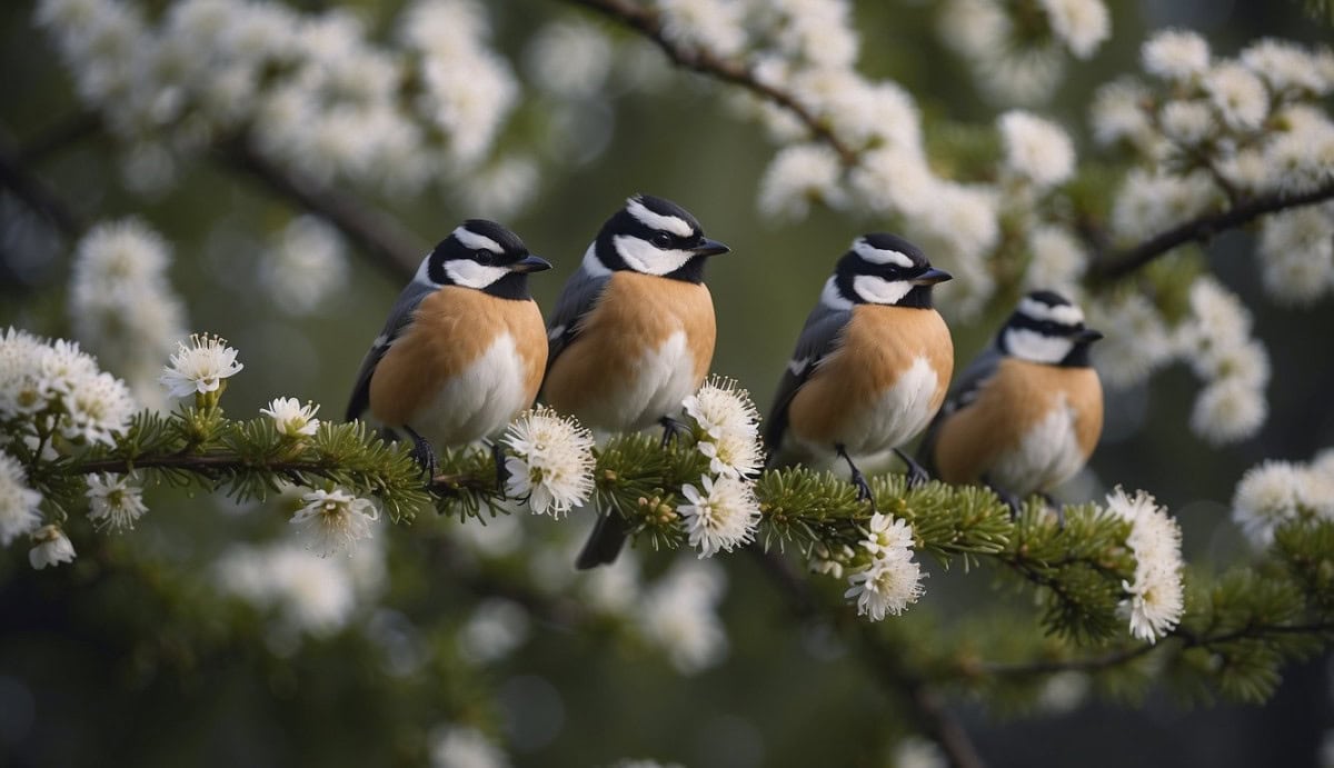 A group of Järnsparvar birds perched on tree branches, surrounded by Prunellidae flowers