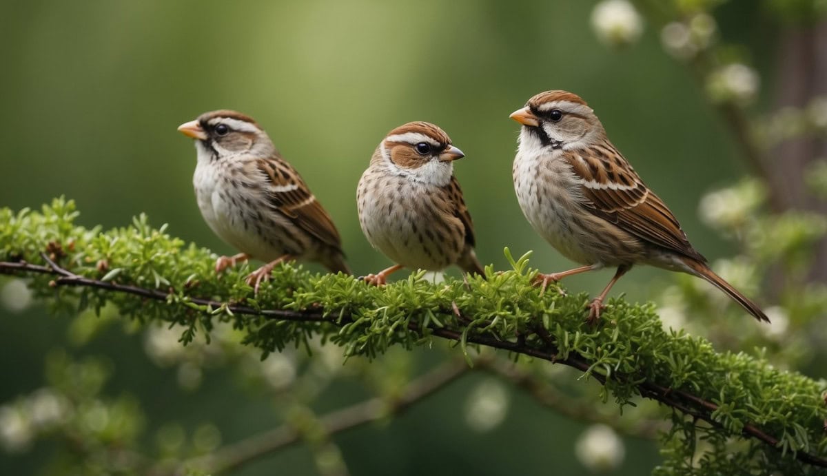 A group of Emberizidae field sparrows perched on a branch, surrounded by lush green foliage and bright flowers