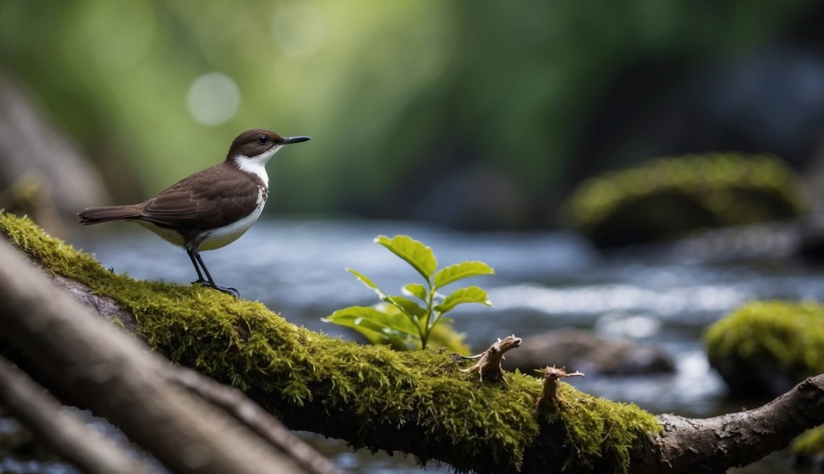 A flowing river with rocky banks, surrounded by lush vegetation and trees, where a pair of white-throated dippers (Cinclidae) are perched on a branch near the water
