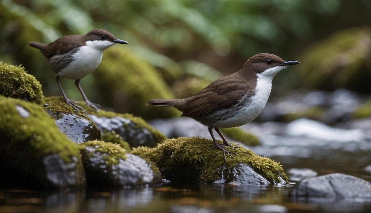 A family of White-throated Dippers perched on rocks by a flowing stream