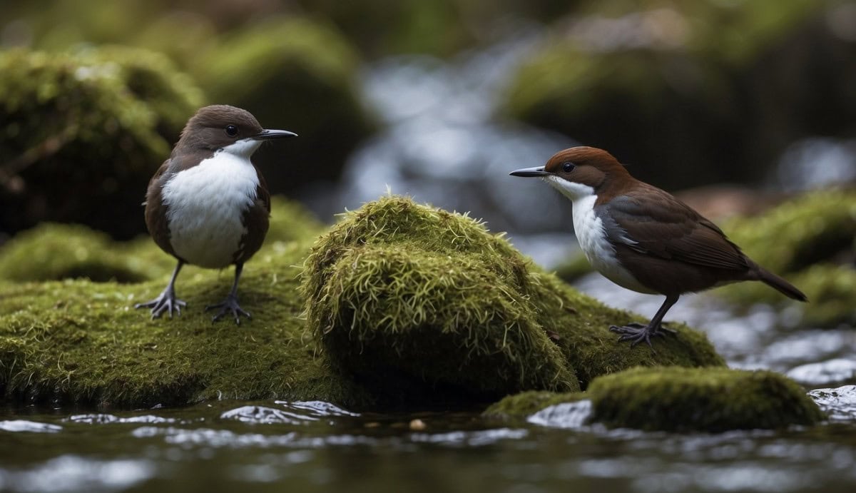 A pair of white-throated dippers perched on a moss-covered rock in a fast-flowing stream, dipping in and out of the water, searching for food