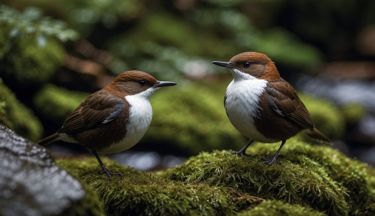 A pair of white-throated dipper birds perched on moss-covered rocks by a rushing stream in a lush forest setting