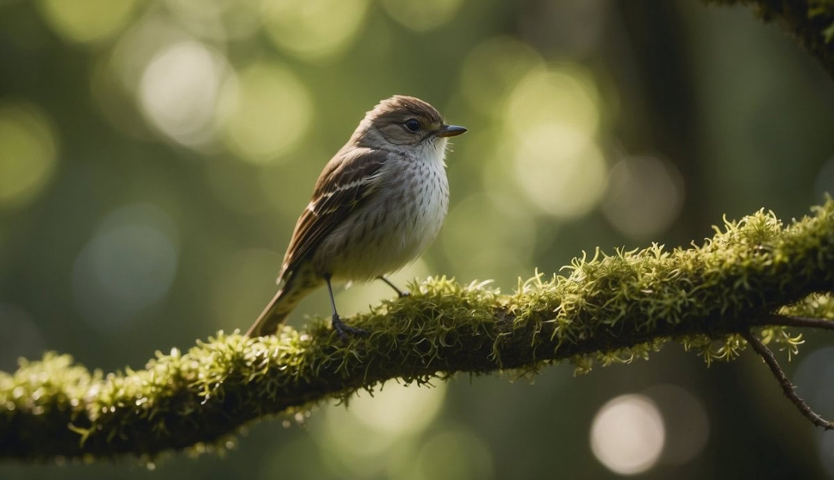 A flycatcher perches on a moss-covered branch in a dense forest, surrounded by lush green foliage and dappled sunlight