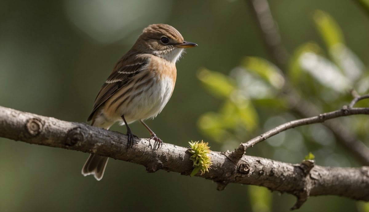 A flycatcher perched on a branch, scanning the surroundings for insects. Its feathers ruffled in the gentle breeze, with a focused gaze and poised stance