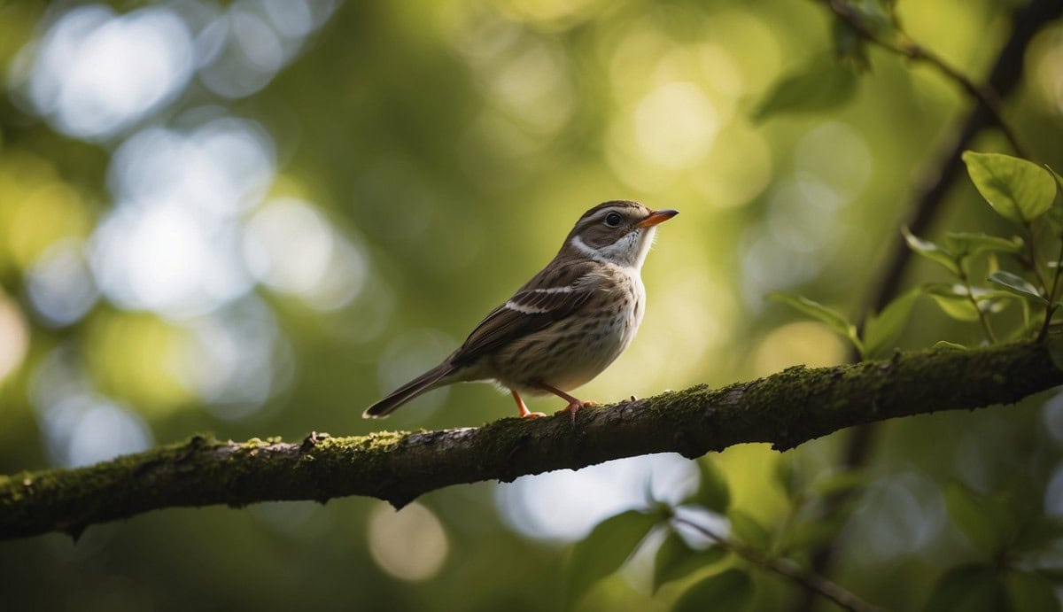 A small bird perched on a branch, with its beak slightly open as if singing. The background is a lush, green forest with dappled sunlight