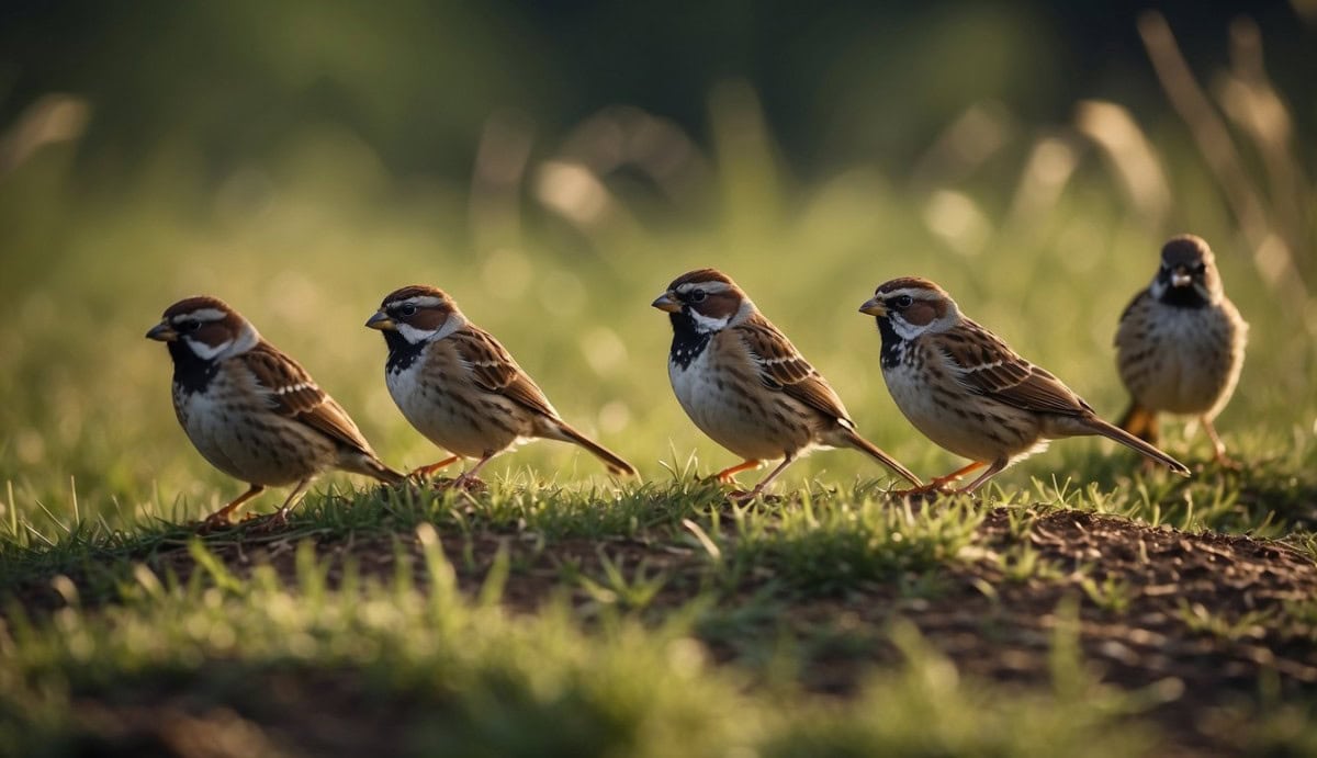 A group of Emberizidae sparrows foraging in a grassy field habitat