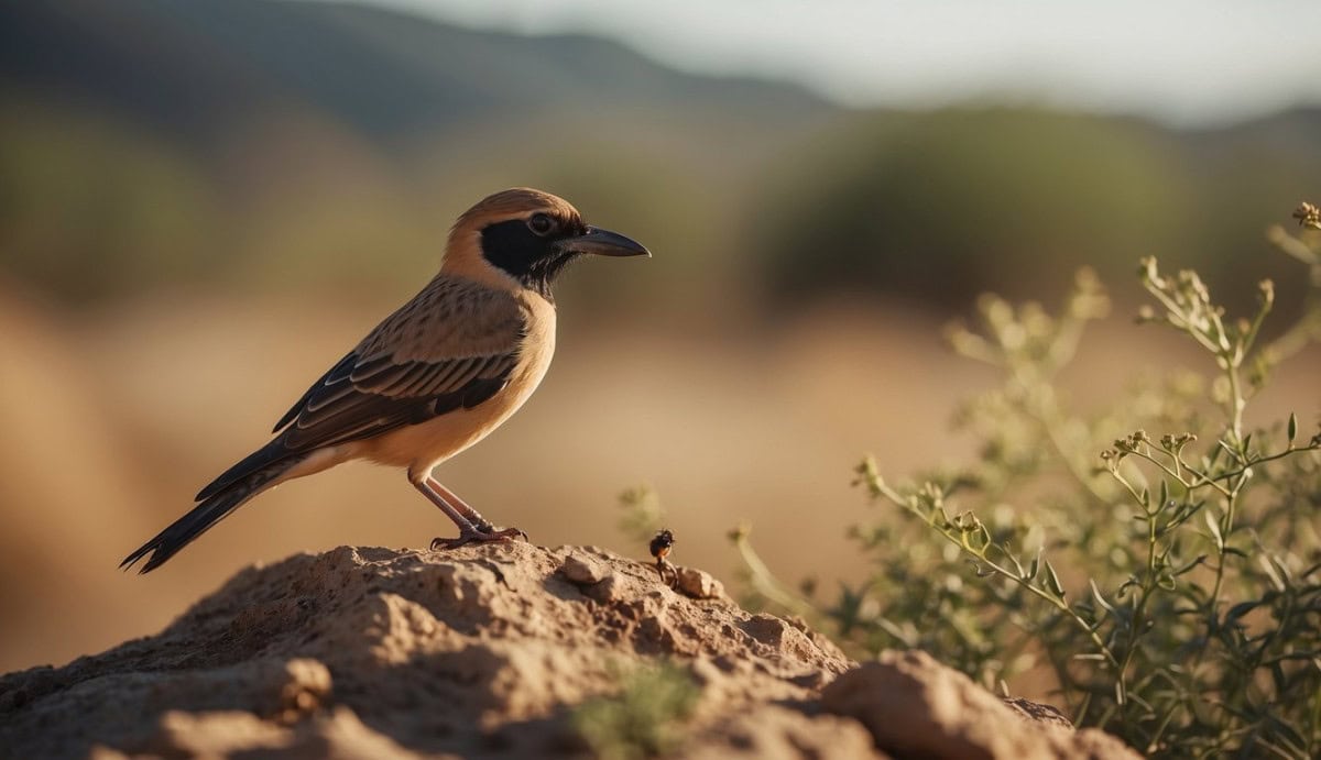 A hot, dry landscape with a perched Muscicapidae bird, surrounded by vegetation and small insects
