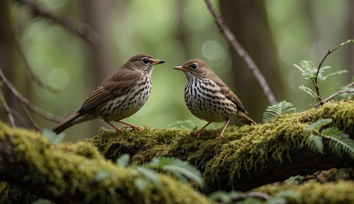 A forest clearing with various species of thrushes perched on branches and foraging on the ground. The habitat includes dense vegetation and a mixture of trees and shrubs