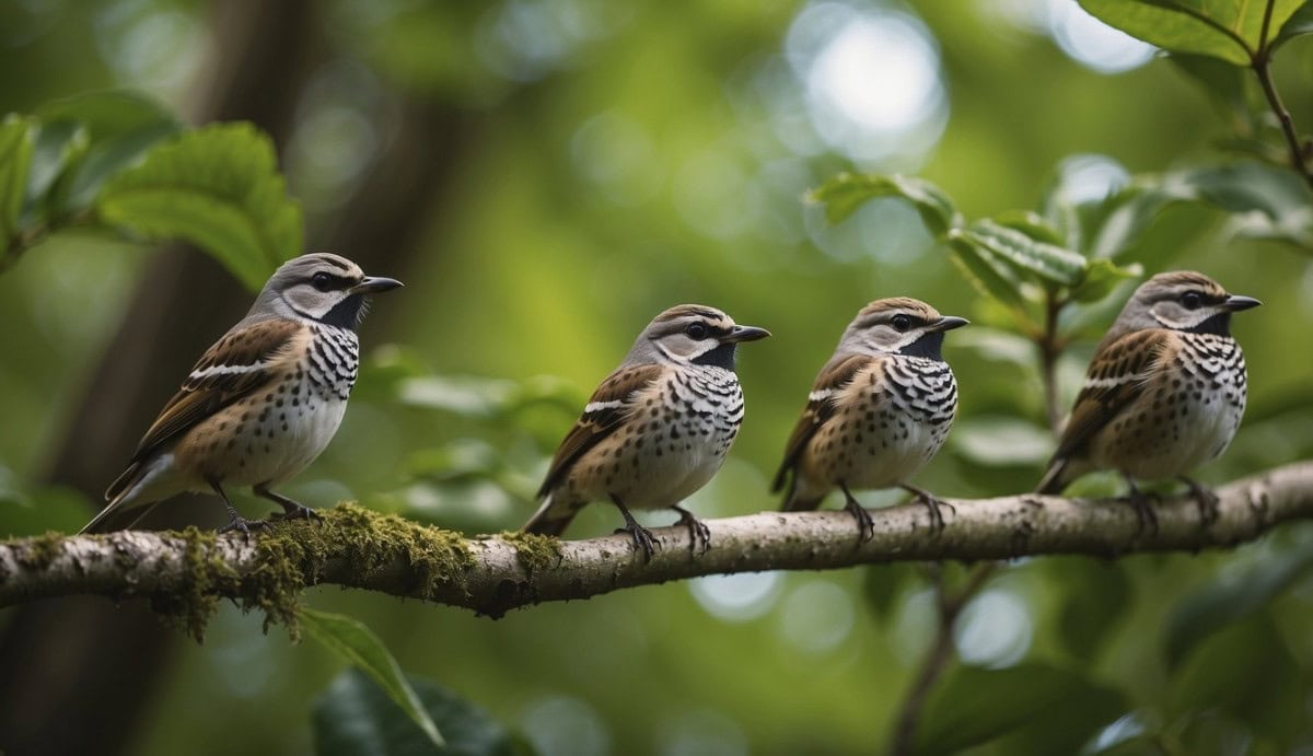 A group of Turdidae birds perched on a leafy tree branch, surrounded by lush green foliage and small insects