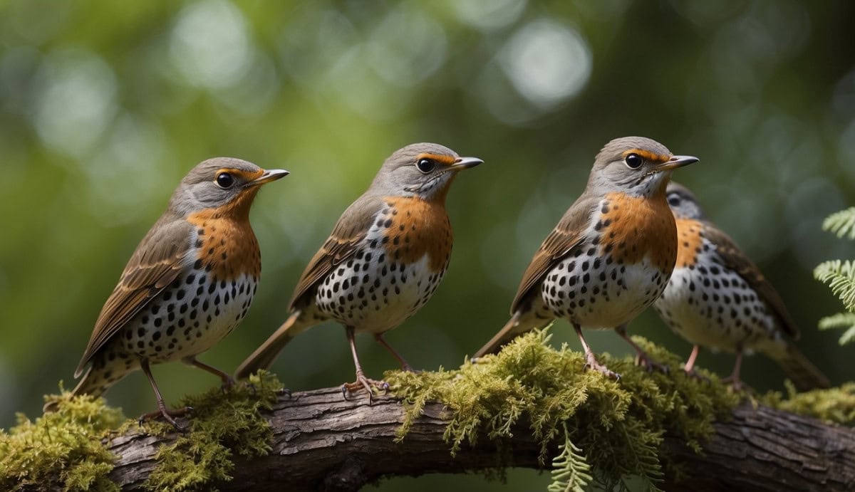 A group of Turdidae thrushes perched in a lush, forested habitat, with a variety of trees and shrubs in the background
