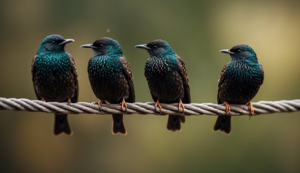 A group of starlings perched on a wire, with one in flight