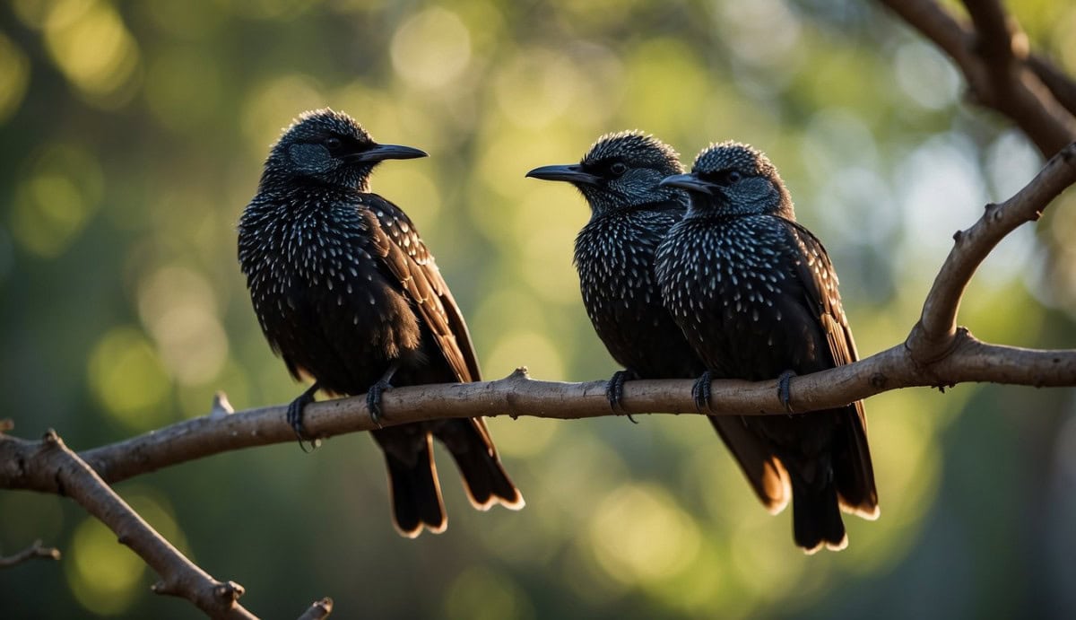 A group of starlings perched on a tree branch, with their sleek black feathers shimmering in the sunlight