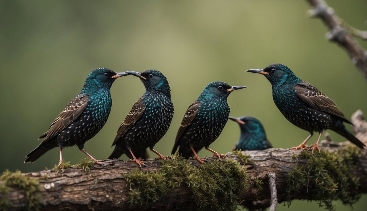A group of starlings interacting in a natural habitat, showcasing their conservation status