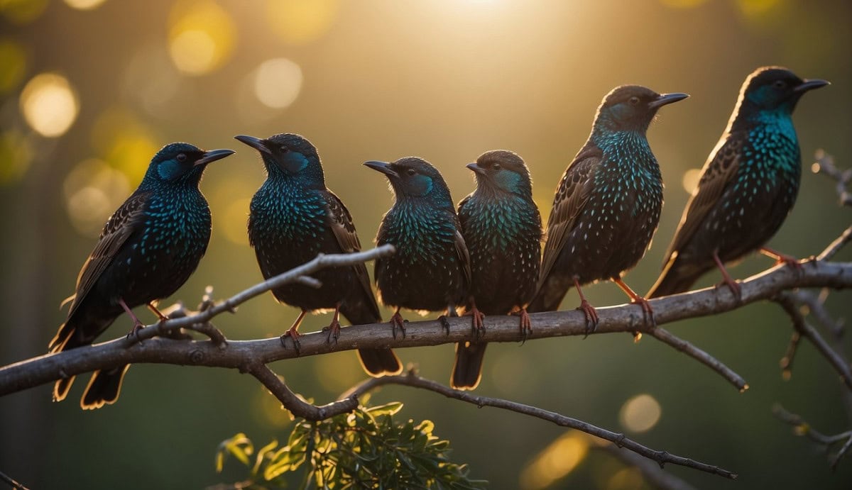 A group of starlings perched on a tree branch, their iridescent feathers catching the sunlight. The birds are surrounded by various scientific and cultural symbols, representing their significance in research and culture