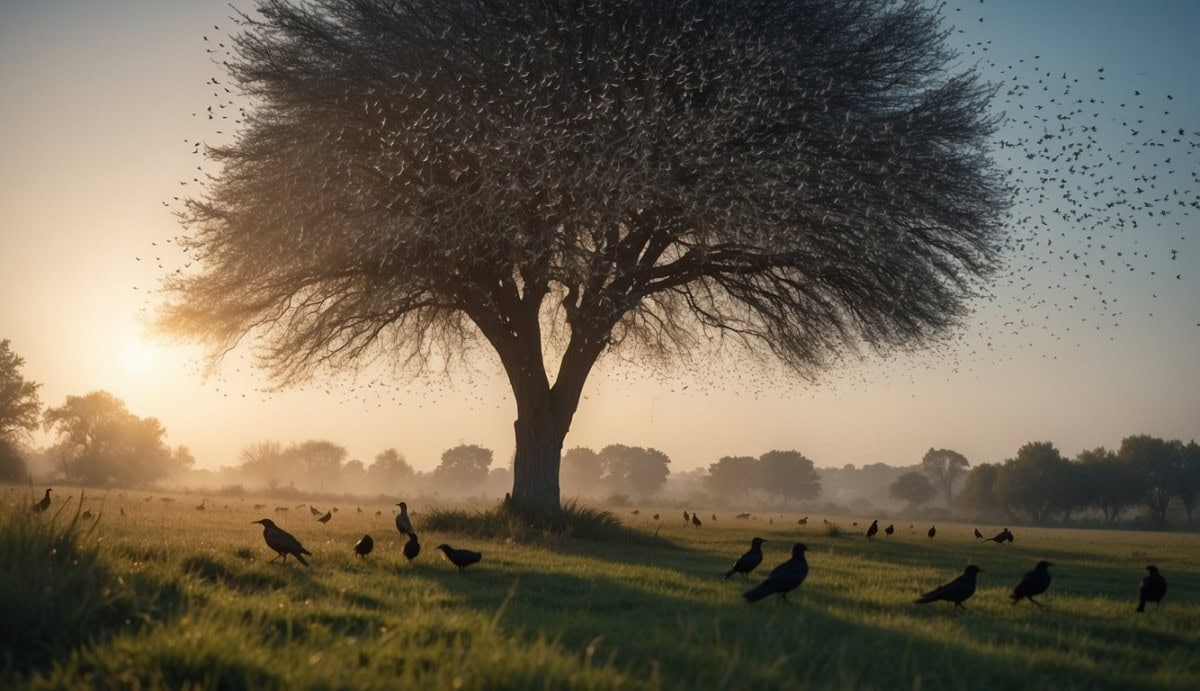 A flock of starlings foraging in a grassy field, with some perched on a nearby tree, while others are flying in the sky