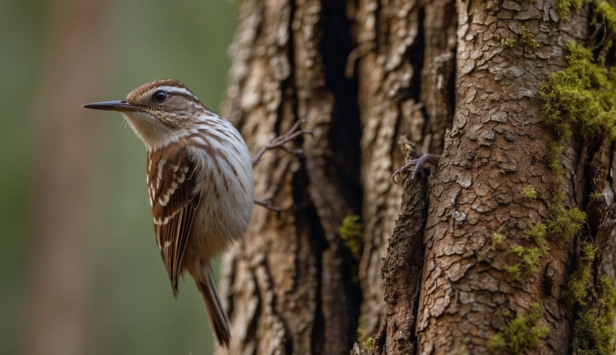 A brown creeper bird climbs vertically up a tree trunk, blending in with the bark as it searches for insects
