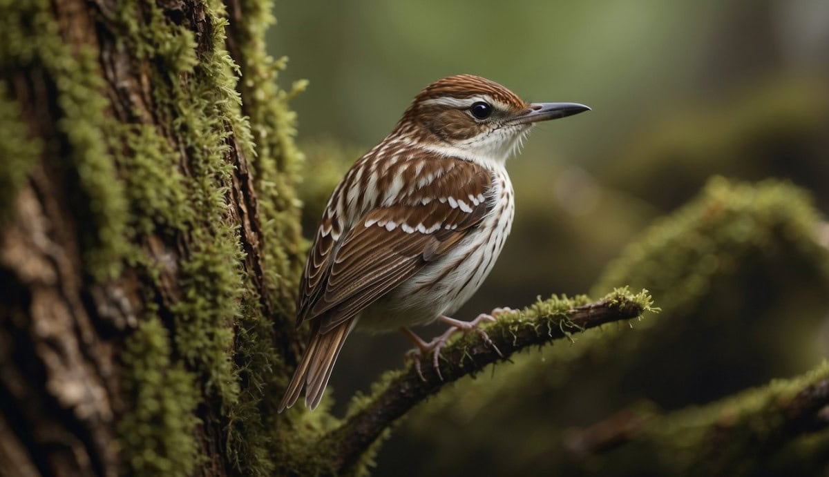 A tree creeper (Certhiidae) perches on a moss-covered tree trunk, blending into the bark with its mottled brown and white feathers