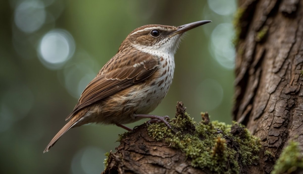 A brown tree creeper bird (Certhiidae) foraging for food on the trunk of a tree in a forest setting