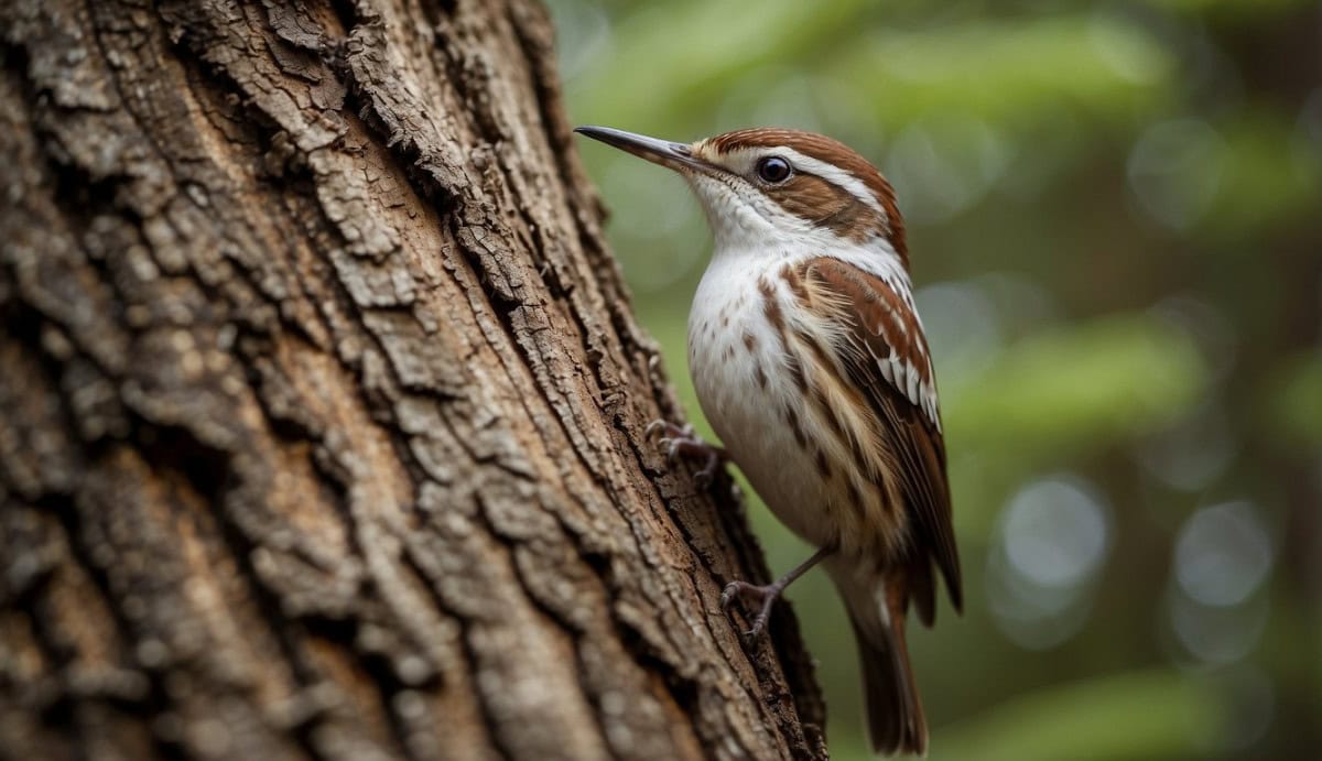 A tree creeper (Certhiidae) climbs a textured tree trunk, blending into the bark with its mottled brown and white feathers