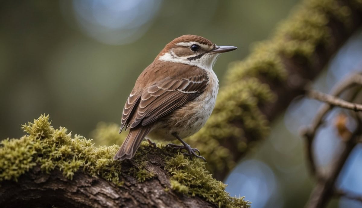 A tree creeper bird perched on a textured tree trunk, surrounded by leaves and branches