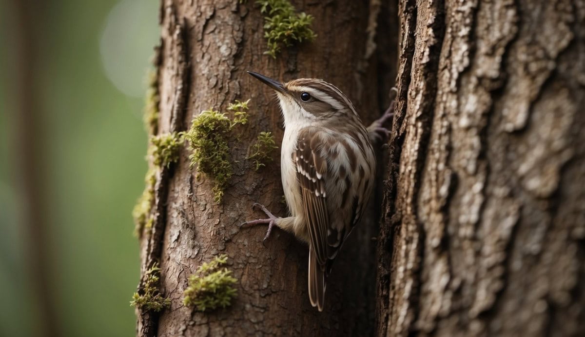 A brown creeper bird climbs vertically up a tree trunk, blending into the bark with its mottled plumage