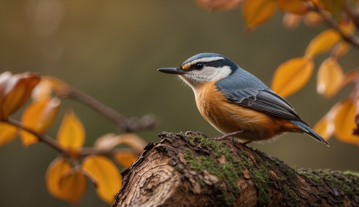 A Nuthatch perched on a tree trunk, with vibrant autumn leaves in the background