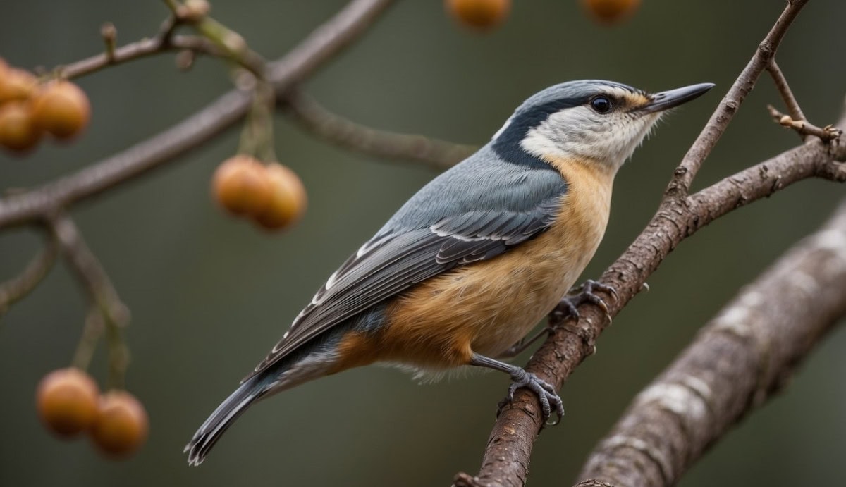 A group of nuthatches perched on tree branches, with one bird holding a nut in its beak. The others are busy foraging for food