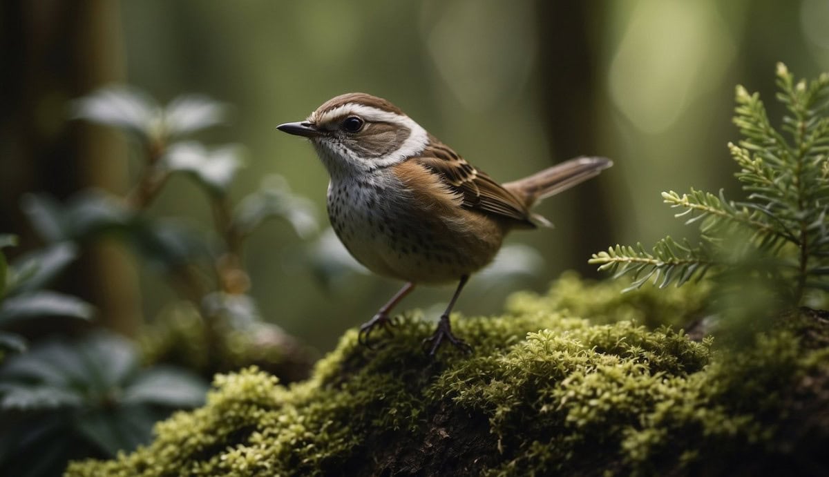 A forest scene with diverse trees and shrubs, with a small bird perched on a branch, surrounded by foliage and moss-covered rocks