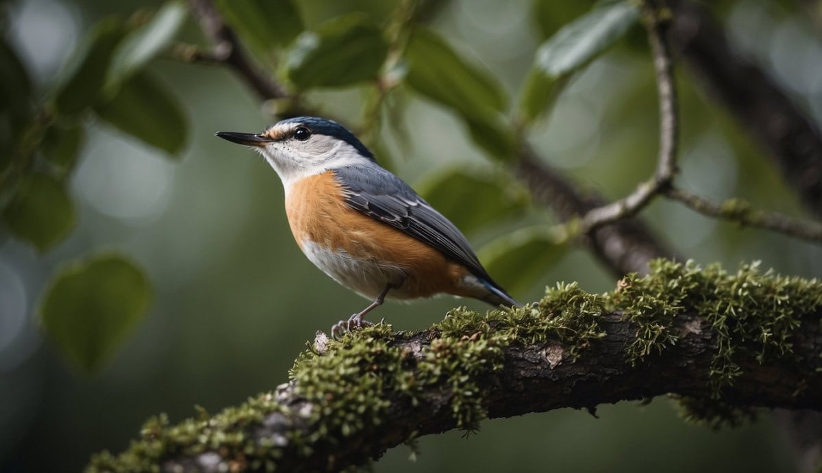 A nuthatch perched on a tree branch, surrounded by foliage, with a curious and observant expression