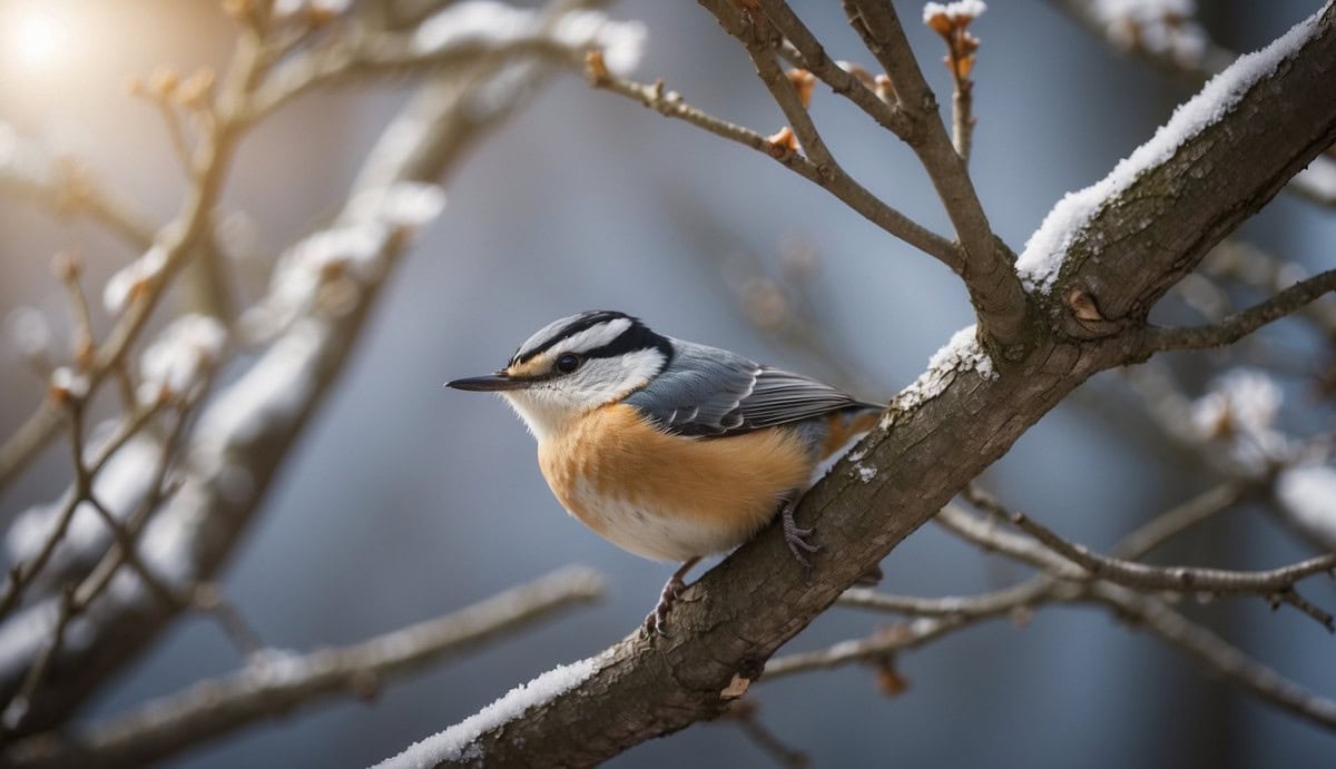 A cluster of Nuthatches perched on tree branches, with one bird peering curiously at the viewer
