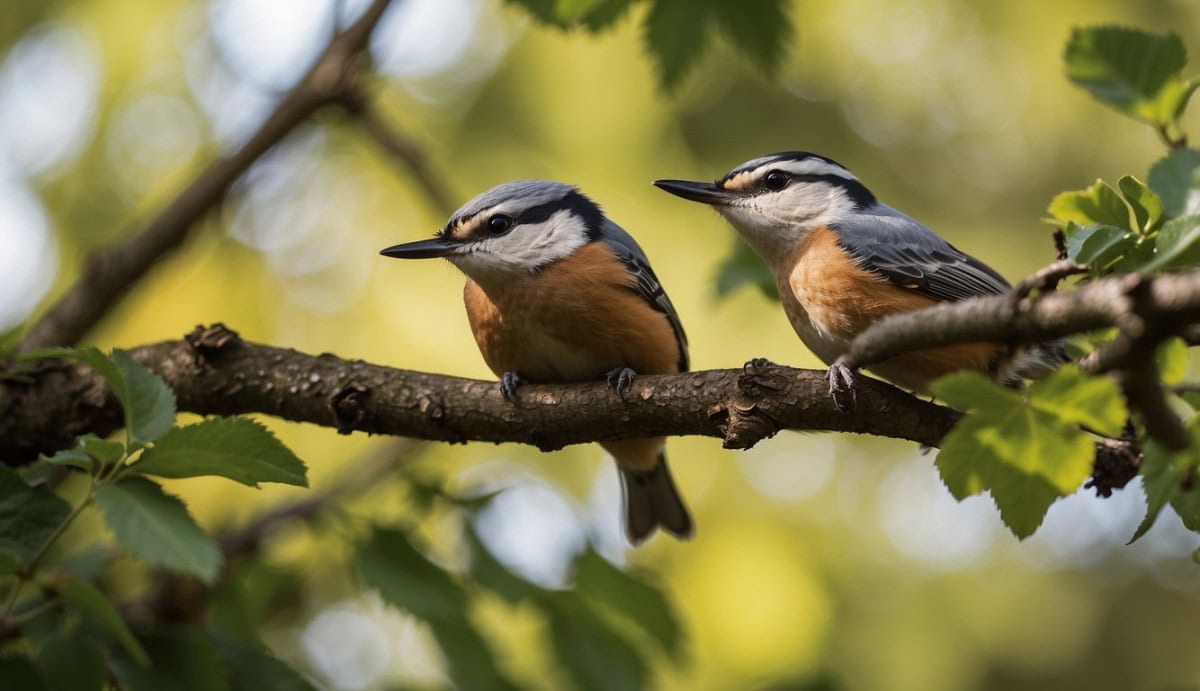 A pair of Nuthatches perched on a branch, surrounded by lush foliage and bathed in warm sunlight