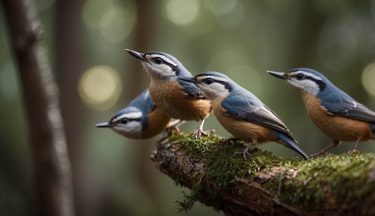 A group of Nuthatches (Sittidae) foraging in a dense forest, hopping between tree branches and searching for insects in the bark