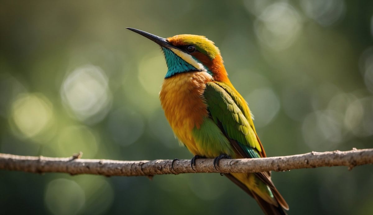 A bee-eater perches on a branch, its colorful feathers catching the sunlight. It watches intently as a dragonfly hovers nearby, ready to swoop in for a meal