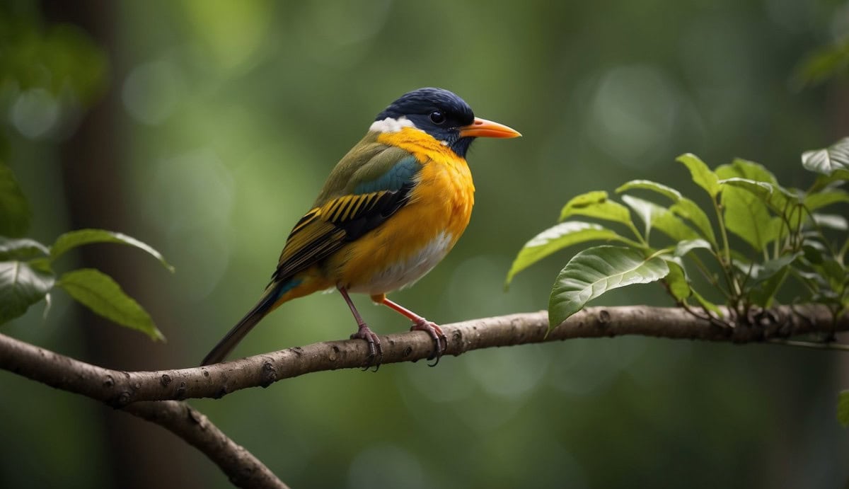 A colorful bird with a long, slender body perched on a branch, its beak slightly open as if chirping. The background is a lush, green forest with hints of other bird species in the distance
